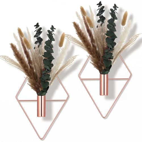 Jexine 4 Pcs Hanging Planters with Artificial Pampas Rose Gold Metal Hanging Vase Indoor Plants Holder Modern Geometric Boho Bathroom Wall Decor for Living Room Home Office - color: Rose Gold, size: Pampas