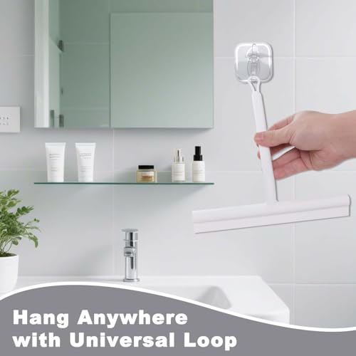 Squeegee for Shower Glass Doors, Resilient Loop - No-Drill & Adhesive Hook, Silicone Shower Squeegee with Stainless Steel Core, Cleaning Tool for Home, Kitchen, Bathroom & Car - White - color: White, size: with loop