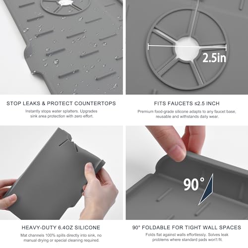 Gosmol Kitchen Sink Splash Guard Silicone Faucet Mat for Kitchen Sink Grey | Sink drain pad behind faucet, Sink rubber mat around faucet guard & draining mat, bathroom sink protector Water Catcher Mat - color: Gray