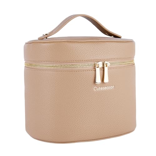 Large Makeup Bag Organizer, PU Leather Makeup Case with Removable Dividers, Waterproof Travel Cosmetic Bag (Khaki) - color: Khaki