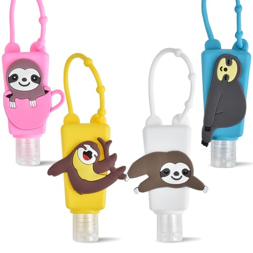 Refillable Travel Bottles Containers, 4 Pack Hand Sanitizer Travel Size Holder with Empty Silicone Clip-Filp Bottles, Leak Proof Portable Bottle for Liquid Soap, Lotion (Sloth) - color: sloth