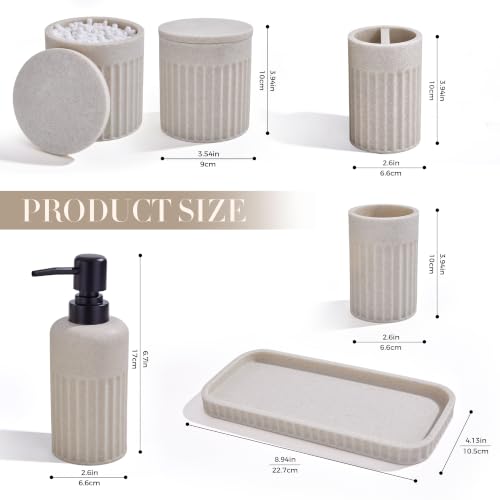 INIUNIK Bathroom Accessory Set, 6 Pieces, Beige | Resin, Bathroom Accessories Set, with Soap Dispenser Set, Toothbrush Holders, Tumbler, Vanity Tray & 2 Qtip Holder - color: Beige -2