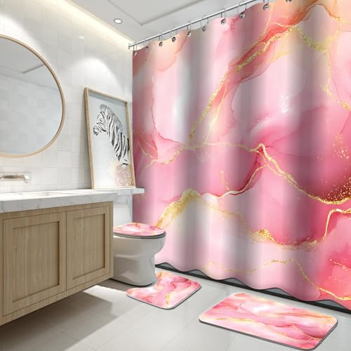 Lnond 4Pcs Bathroom Sets with Shower Curtain and Rugs, Pink Gold Marble Modern Art Shower Curtain Sets with Rugs and Accessories - color: Pink Gold Marble