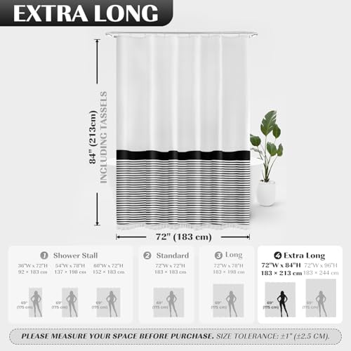 Seasonwood 84 inch Extra Long Shower Curtain Black and White Shower Curtain with Tassel 72" W x 84" L Farmhouse Striped Shower Curtains for Bathroom Fabric Shower Curtains - color: Black and White, size: 72"W x 84"L (Pack of 1)