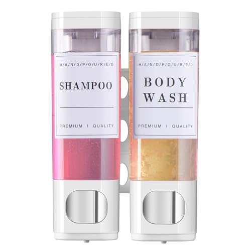 Shampoo and Conditioner Dispenser Bathroom Shower Soap Dispenser Wall Mounted Shampoo Dispenser for Shower Wall No Drill 2 * 300ml White 2 Chamber with Waterproof Labels Self - color: White 2