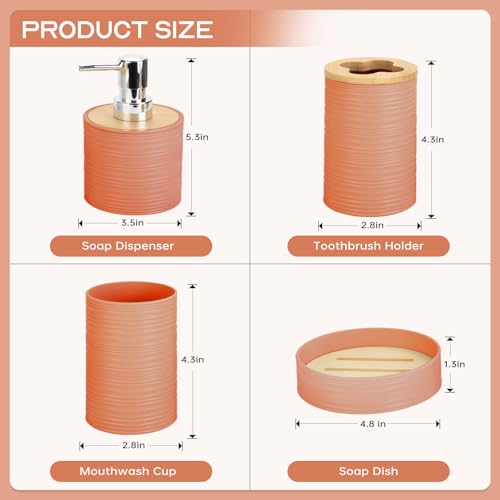 4 Pieces Bamboo Bathroom Accessories Set, Bathroom Accessory Set with Soap Dispenser and Toothbrush Holder, Soap Dish and Toothbrush Cup, Boho Bathroom Decor(Orange) - color: Orange