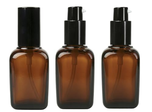 ericotry 3PCS 50ml Empty Refillable Square Amber Glass Cream Lotion Pump Bottles for Makeup Face Cream Facial Cleanser Toiletries Toner Liquid Travel Containers Emulsion Essential Oil Dispenser - size: 50ML