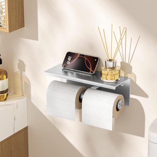 FORIOUS Double Toilet Paper Holder with Shelf, Wall Mount Tissue Roll Holder for Bathroom, 304 Stainless Steel Commercial Toilet Paper Dispensers with Phone Shelf (1, Brushed Nickel) - color: Stainless Steel