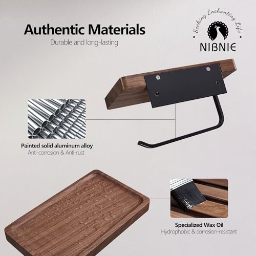 Walnut Wood Toilet Paper Holder with Phone Shelf, Adhesive or Drill Installation Bathroom Washroom Wall Mount Wooden Toilet Tissue Roll Holder with Shelf for Hold Wipes, Cell Phone (Concave) - color: Concave Surface