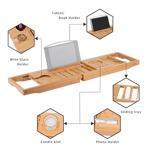 Utoplike Bamboo Bathtub Caddy Tray Bath Tray for Tub, Adjustable Bathroom Bathtub Organizer with Book Tablet Wine Glass Cup Towel Holder - color: Natural