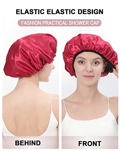 YIZIJIZI Triple Layer Reusable Waterproof Shower Cap for Women Large Terry Lined Hair Cap for Long Thick Hair Travel Bath Care Red - color: Red