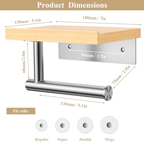 Tindbea Toilet Paper Holder with Wood Shelf, Wooden Wall Mount Tissue Paper Roll Holder, Brushed Nickel Stainless Steel Bathroom Accessories Decor for Home (Maple, Brushed Nickel) - color: Maple & Brushed Nickel