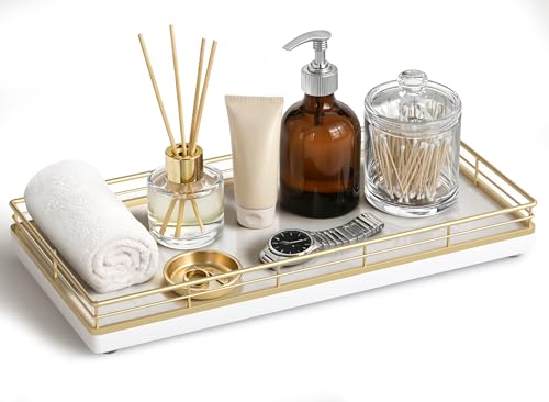 Bathroom Vanity Tray for Countertop, 12" x 6" Oak Wood Toilet Tank Tray | Metal Guardrail, Bathroom Organizer for Soap, Perfume & Skincare, Non-Slip Decorative Tray for Dresser, Gold & White - color: Gold & White, size: 12" x 6" x 1.5"