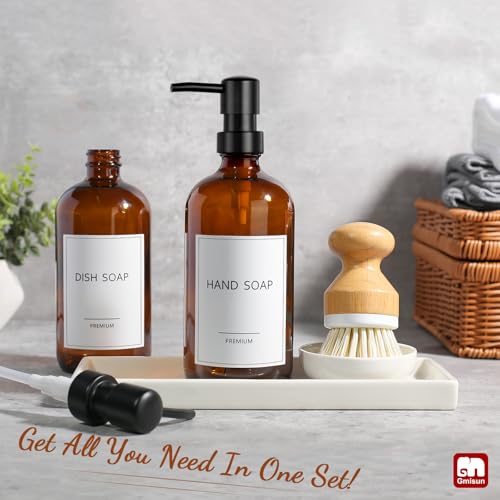 GMISUN Dish Soap Dispenser, 16 Oz Kitchen Soap Dispenser Set with Ceramic Tray & Bamboo Brush, 2 Pack Thick Amber Glass Soap Dispenser, Farmhouse Refillable Hand and Dish Liquid Soap Pump Bottle Set - color: Amber Bottles + Black Pumps