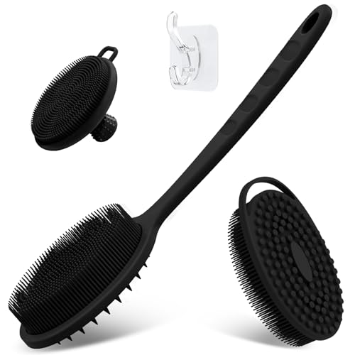 Silicone Back & Body & Face Scrubber Set 3PCS, Gentle Exfoliating Back & Body Scrubber with Dual-Side Brush Head, Hygienic Silicone Loofahs with Soft Bristle and Non-Slip Handle(Black-3PC) - color: Black*3