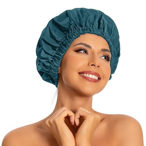 Edoneery Reusable Shower Caps for Women, Waterproof Long Hair Bonnet | Washable Design, Wide Elastic Band, Large Fit, Holds Long Hair, Braids Friendly, Bath Accessories, Spa, Travel - color: Blue Zircon