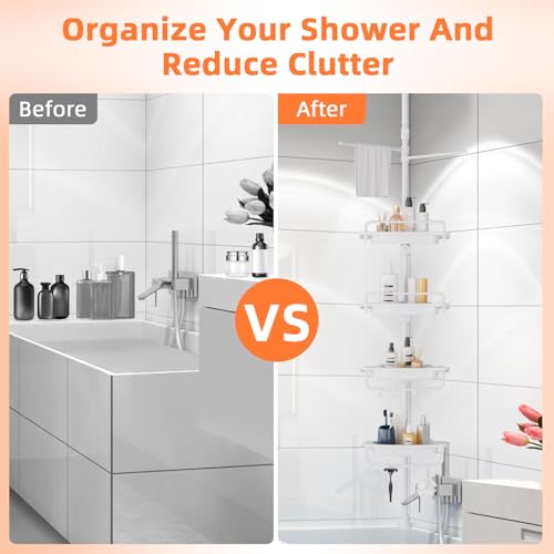 XLHOMO 32-122inch Corner Shower Caddy Tension Pole All White, Rustproof Drill-Free Shower Shelves for Bathroom Bathtub Washbasin, Adjustable Shower Organizer with 4 Tier Patent Shelves & Towel Bars - color: All White