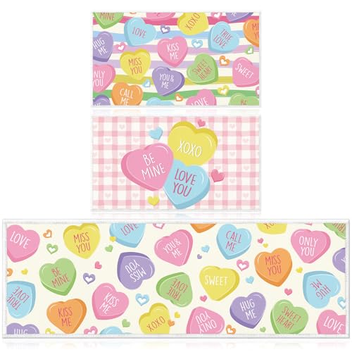 Valentines Day Kitchen Mats - Conversation Heart Themed Valentines Kitchen Rugs for Floor 3 Piece, Non-Slip Home Bedroom Washable Sweet Love Heart Decor（16x28 and 16x47 Inch） - size: 2 x 16 X 28 Inches + 16 X 47 Inches