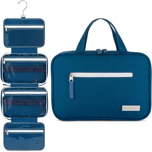 Eco Sun Hanging Travel Toiletry Bag — Designed in Hawaii — Water-Resistant Travel Organizer for Bathroom Accessories (Blue) - color: Blue