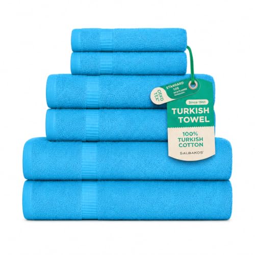 SALBAKOS 100% Turkish Cotton 6-Piece Towel Set | Heirloom Quality Hotel & Spa Collection | Soft, Super Absorbent 2 Washcloth, 2 Hand, 2 Bath Towel Sets | Made in Turkey (Aqua, 6 Piece Towel Set) - color: Aqua, size: 6 Piece Towel Set