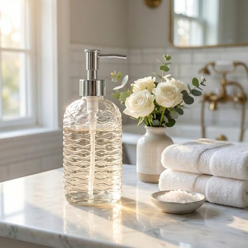 BOPPIE Ribbed Glass Soap Dispenser, Modern Countertop Hand & Dish Soap Dispenser for Bathroom/Kitchen, Refillable Liquid Soap Bottle with Rust Proof Pump Set of 2 (Clear Glass) - color: Clear Glass