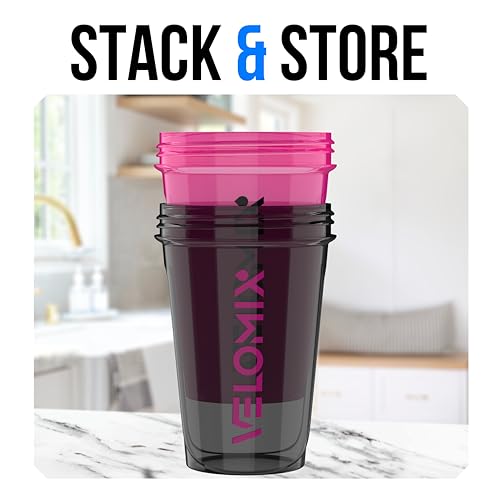 VELOMIX -2 Pack- 20 oz Protein Shaker Bottles for Protein Mixes - 2x Wire Whisk | Leak Proof Shaker Cups for Protein Shakes and Pre Workout | Protein Shaker Bottle Pack (A6) Black/Pink - color: A6) Black/Pink