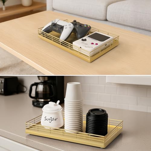 Bathroom Vanity Tray, 13" x 8" Oak Decorative Wooden Tray for Countertop | Large Bathroom Vanity Organizer, Rectangular Wood Tray for Perfume, Skincare & Storage, Vanity Dresser Counter Decor, Gold - color: All Golden, size: 13" x 8" x 2"