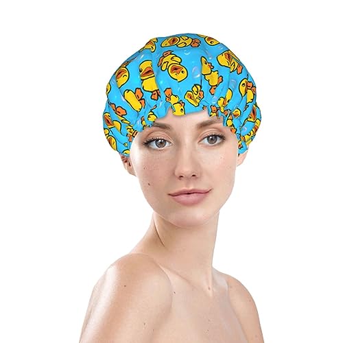 Yellow Rubber Duck Shower Cap For Women Adjustable Double Waterproof Layers Bathing Shower Hat Hair Protection Reusable Ladies Spa Salon Shower Hat - color: Rubber Duck