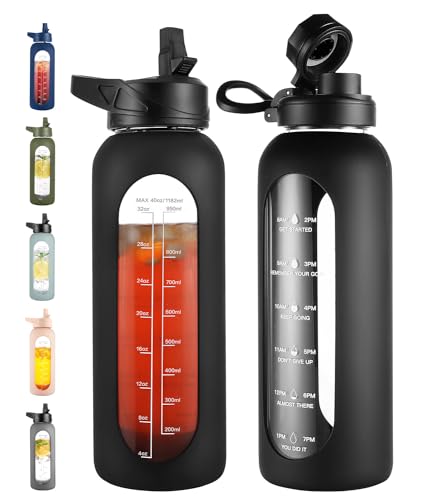 CIVAGO 40 oz Glass Water Bottle with Straw and Handle, Large Sports Motivational Water Bottle Flask with Time Marker and 2 Lids, Leakproof Water Jug Canteen with Silicone Sleeve for Gym, Black - color: Black, size: 40 Ounces