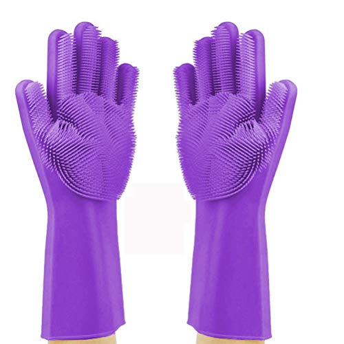 Silicone Dishwashing Gloves, Pet Grooming Rubber Scrubbing for Dishes, Sponge Wash Cleaning with Scrubbers (13.6" L) - color: Purple
