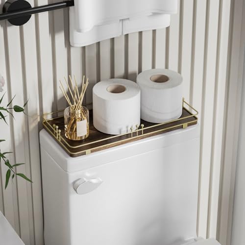 Toilet Paper Basket, Bathroom Basket for Counter Toiletries Towel Decor, Toilet Tank Tray, Guest Back of Toilet Organizer Storage, Vanity Tray for Perfume Makeup, Kitchen 13”x6.5” Brown-Gold - color: Brown + Gold, size: 13" x 6.5" x 1.6"