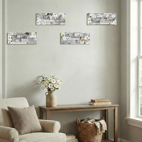 4Pcs Farmhouse Daisy Wooden Wall Art Decor for Living Room Rustic Wood Signs Set Daisy Flower Kitchen Wall Art Together Bless This Home Wooden Plaque Sign for Entryway Bedroom & Housewarming - style: Farmhouse Daisy