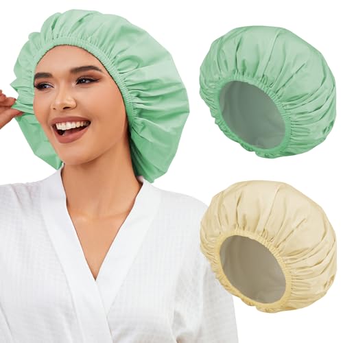 2 Pack Shower Caps for Women, Reusable Waterproof Shower Cap with Elastic Band, Thickened Waterproof Fabric Shower Bonnet for Braids, Long Hair - color: Warm Beige/Mint Green