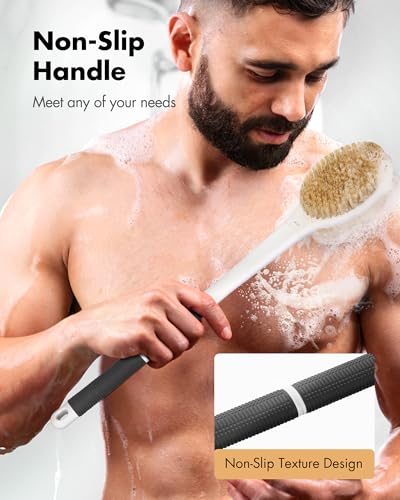 Back Scrubber Anti Slip for Shower: 18.1'' Long Handle Bath Brush with Stiff and Soft Bristles Body Exfoliator Wet or Dry Brushing for Women, Men, Elderly (Charcoal Gray) - size: Long Handle 18.1 in-Charcoal Gray