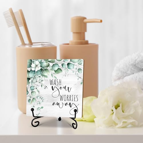 5" Bathroom Decor, Wash Your Worries Away Sign, Sage Green Bathroom Laundry Room Decor, Guest Bathroom Decoration, Farmhouse Home Toilet Bathroom Plaque Sign Table Shelf Decor-A05 - color: Wash Your Worries-05