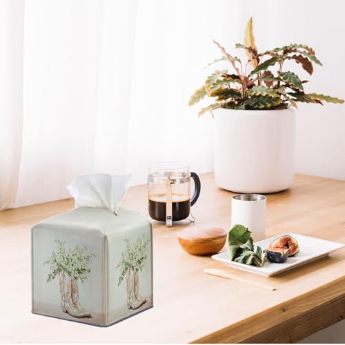Vintage Flroal Tissue Box Cover Square, Western Tissue Box Decorative Vintage Cowgirl Boots Decor Tissue Holder, Retro Farmhouse PU Leather Cottagecore Decor for Bathroom Kitchen Desk 5.4x5.4x5.3 - color: Vintage Boots Flroal