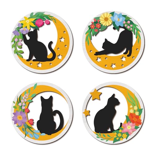 TOARTi 4PCS Boho Cat Moon Wall Decor,Colorful Floral Cats Wooden Wall Art,Black Cats Flower Hanging Sign,Farmhouse Minimalist Geometric Botanical Kitten Artwork for Bedroom Home,Cat Lovers Gifts - color: 4pcs Boho Cat Moon Wall Decor