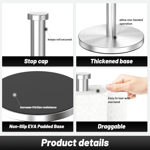 VEHHE Paper Towel Holder Countertop, Weighted Non-Slip Base, Stainless Steel Paper Towel Holder for Kitchen Bathroom (Silver) - color: Eva Pad Base | Silver