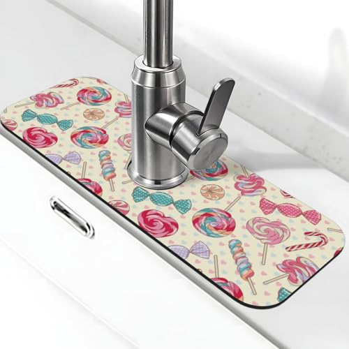 Yummy Colorful Sweet Lollipop Candy Cane Hearts Yellow 15" X 5.5" Kitchen Sink Splash Guard Faucet Faucet Guard Draining Mat Sink Splash Guard Faucet Kitchen Bathroom - color: Yummy Colorful Sweet Lollipop Candy Cane Hearts Yellow