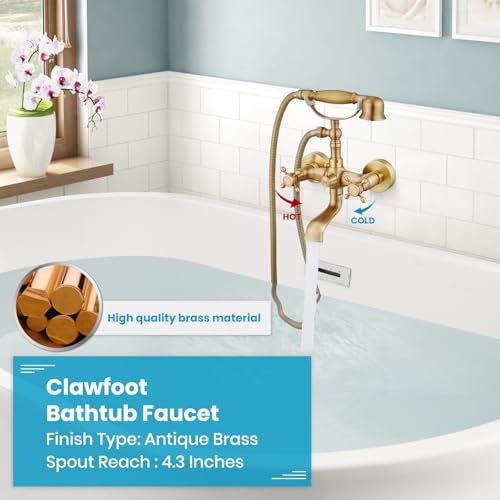 gotonovo Wall Mount Clawfoot Bathtub Faucet with HandHeld Spray and 360° Double Cross Handle Swivel Spout Vintage Tub Shower Faucet Set with Adapter Adjustable Swing Arms Antique Brass - color: Antique Brass