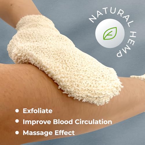 GUARD&MARINE Natural Shower Mitts - Hemp Bath Gloves for Skin Exfoliation, Mitt Washcloth for Body Scrub and Cleansing - Soft Loofah for Men and Women - Set of 2 Wash Mittens