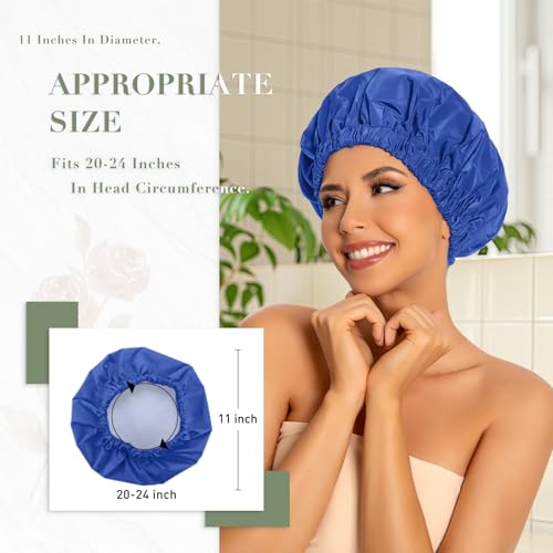 Edoneery Reusable Shower Caps for Women, Waterproof Long Hair Bonnet | Washable Design, Wide Elastic Band, Large Fit, Holds Long Hair, Braids Friendly, Bath Accessories, Spa, Travel - color: Dark Blue