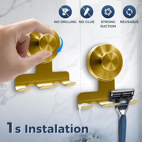 Suction Cup Razor Holder for Shower,Heavy-Duty 7KG Suction Hooks for Razor,Towel,Loofah,Removable Damage-Free Metal Shower Hook,Shaver Holder,2 Pack(Brushed Gold) - color: Brushed Gold