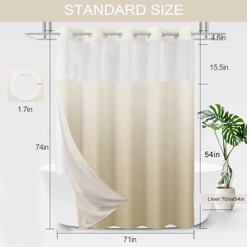 No Hook Shower Curtain with Snap in Liner, Ombre Beige Shower Curtains and Liner Set, Hotel Fabric Bath Curtain for Bathroom, Mesh Top Window Waterproof Washable, 71" x 74" - color: Ombre Beige, size: 71"W x 74"L (Pack of 1)