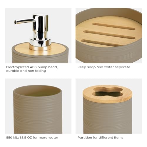4 PCS Beige Bathroom Accessories Set, Includes a Soap Dispenser, Toothbrush Holder, Soap Dish and Mouthwash Cup, Plastics & Bamboo Bathroom Set, Bohemian Style Bathroom Sink Set - color: Beige, size: 4 PCS