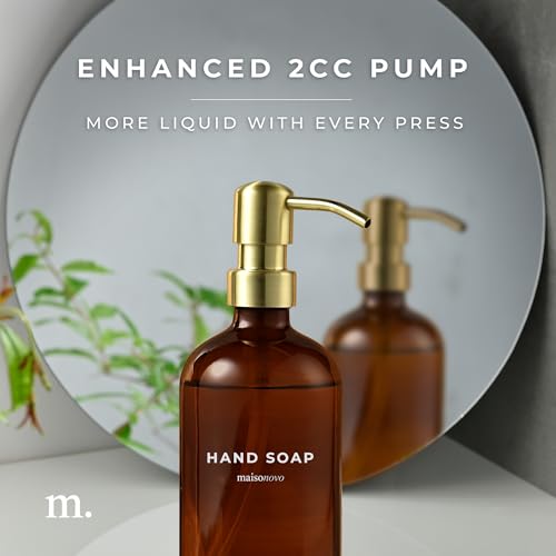 MaisoNovo Soap Dispenser 2-Piece Set | 16.9oz Amber Bottles with Gold Stainless Steel Pump Core - color: Amber/Gold