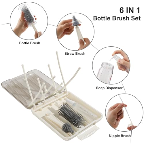 6 in 1 Baby Bottle Brush Set,Bottle Cleaner Brush Kit with Silicone Bottle Brush,Drying Rack,Nipple Brush,Straw Brush,Soap Dispenser&Storage Box,Portable Baby Essentials for Home&Travel (White) - color: White