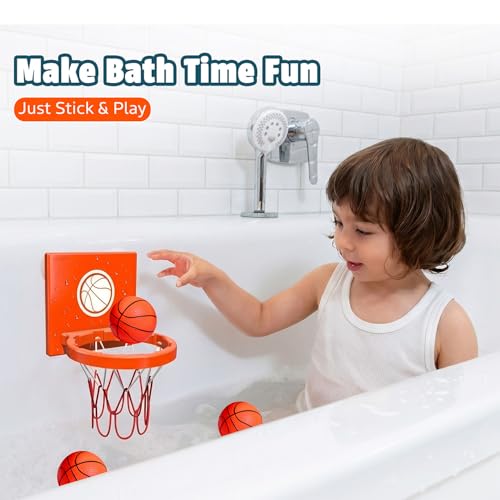 MARPPY Bath Toys - Bathtub Basketball Hoop for Kids, Toddlers - Suction Cup Basketball Hoop and 4 Soft and No Hole Balls - Baby & Toddler Mini Basketball Hoop - Boys & Girls - color: Orange 4 Balls (With Stripes)