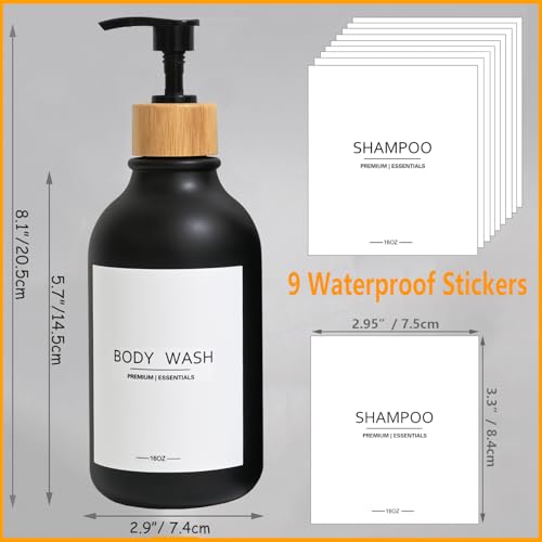 Frosted Plastic Shampoo and Conditioner Bottles, Apothecary Dispenser Bamboo Pump, Refillable Bottles for Shower Lotion, Oil, Hand Soap, Sanitizer, Liquid Soap, Set of 3 with 9 Labels (3, Matte Black) - color: Matte Black