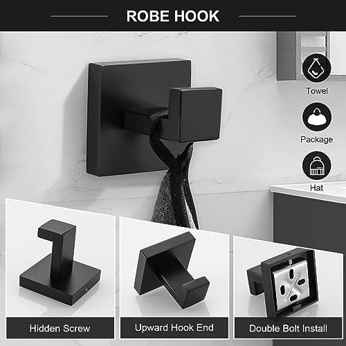 TQKAG 6-Piece Bathroom Towel Bar Sets Matte Black 23.6 inch Towel Bar Stainless Steel Towel Ring Coat Hook and Toilet Paper Holder Bathroom Hardware Set Wall Mounted Bathroom Accessories Kit - color: Matte Black, size: 6-Pieces Set-A